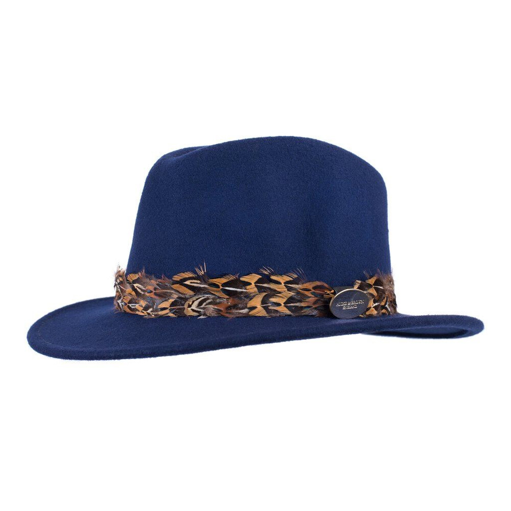 Hicks & Brown Suffolk Fedora Hat with Pheasant Feather Wrap Navy Allcocks