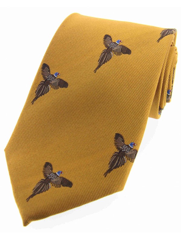 Allcocks Country Silk Tie - Woven Full Flight Pheasant - Mustard