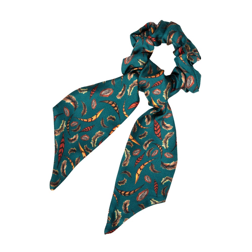 Clare Haggas Birds of a Feather Silk Scrunchie - Medium Tail Teal