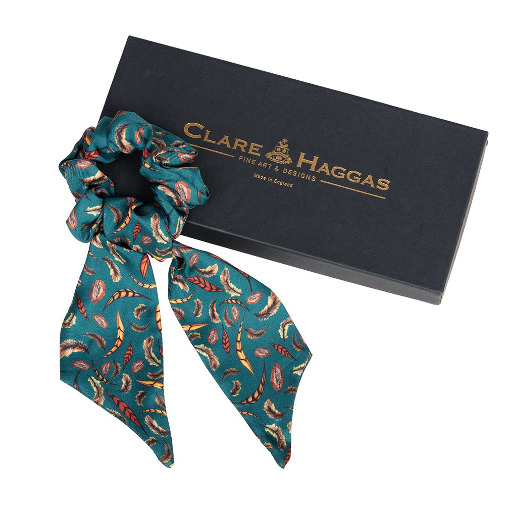 Clare Haggas Birds of a Feather Silk Scrunchie - Medium Tail Teal