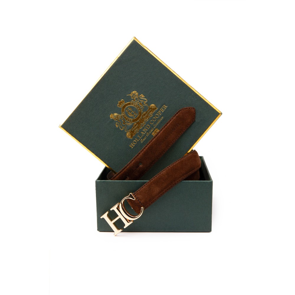 Holland Cooper Atelier Slim Logo Belt Chocolate Suede